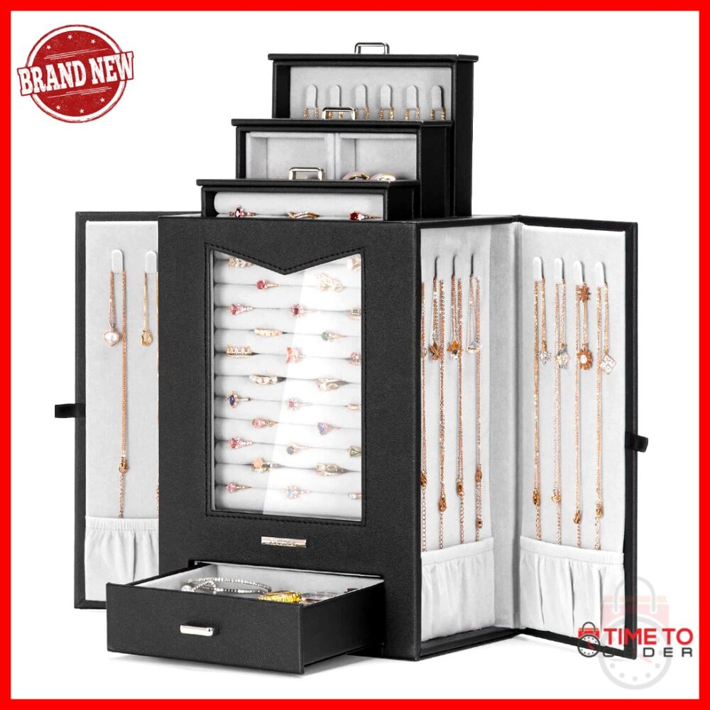 Jewelry Organizer With Transparent Window, 22 Hooks, 3 Drawers, Black Pu Leather